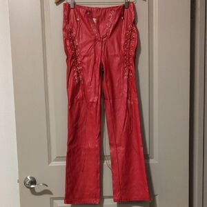 Red Lace-Up Leather Pants